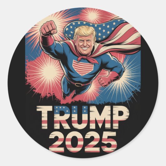 Trump 2025: Patriottisch eerbetoon aan superhelden Ronde Sticker (Voorkant)
