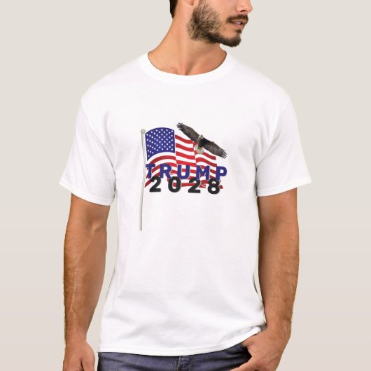 Trump 2028 op Amerikaanse vlag T-shirt (Voorkant)