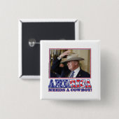 TRUMP-AMERIKA-COWBOY VIERKANTE BUTTON 5,1 CM (Voorkant /achterkant)