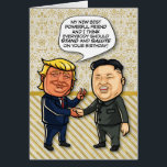 Trump and Kim "New Best Friend" Birthday Card<br><div class="desc">Snarky Donald Trump verjaardagskaarten shows van zijn nieuwe beste vriend Kim Jong Un en voorspellen de grootte van zijn inaugurale menigte. Kleurrijke cartoon op het deksel met een ivoren grunge achtergrond.</div>