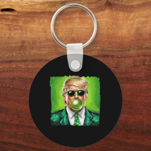 Trump Blowing Bubble Gum St. Patrick's Day Green S Sleutelhanger (Voorkant)