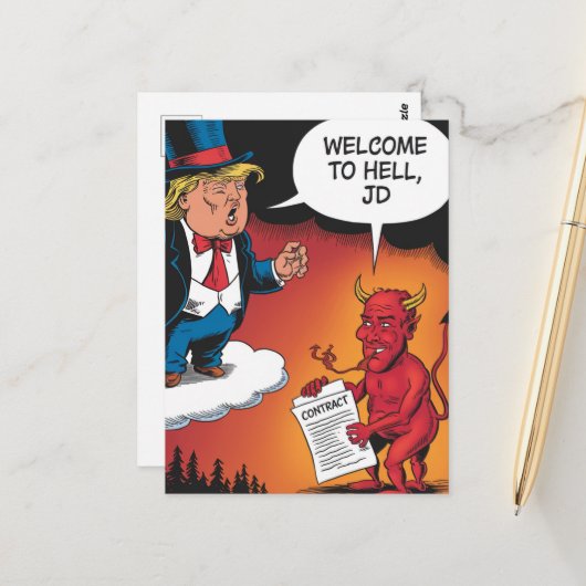 Trump en Devil Cartoon welkom bij Hell JD Briefkaart (Voorkant / Achterkant in situ)