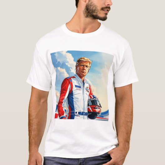 Trump Racing autocoureur met helm NASCAR MAGA T-shirt (Voorkant)