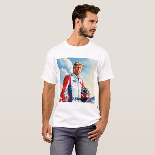 Trump Racing autocoureur met helm NASCAR MAGA T-shirt (Voorkant volledig)