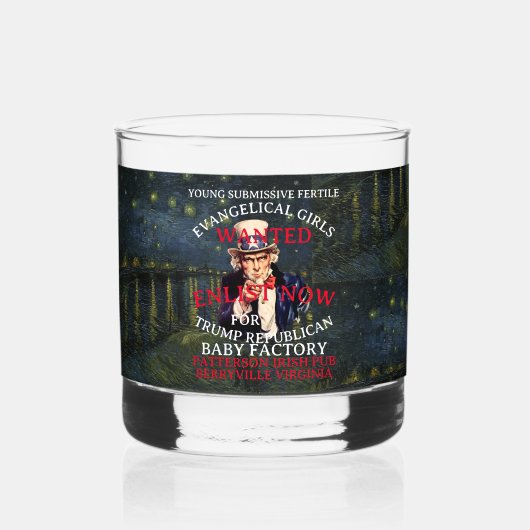 TRUMP REPUBLIKEINSE BABY FABRIEK NU IN DIENST WHISKY GLAS (Achterkant)