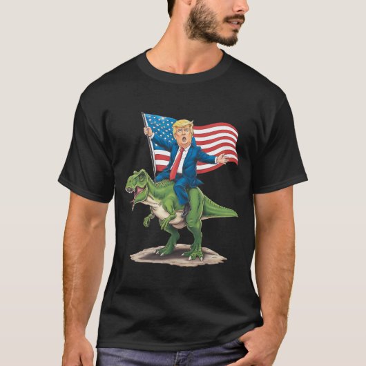 Trump Riding Dinosaur T Rex Amerikaanse Vlag T-shirt (Voorkant)