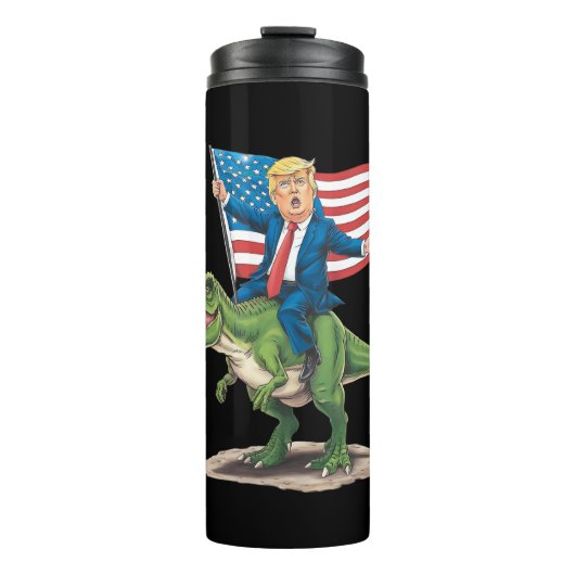 Trump Riding Dinosaur T Rex Amerikaanse Vlag Thermosbeker (Voorkant)