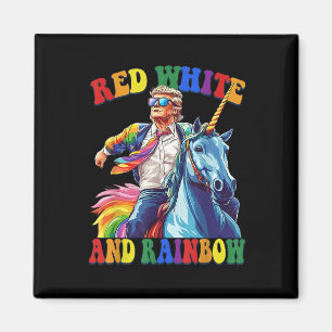 Trump rijdt op eenhoorn rood wit en regenboog grap magneet