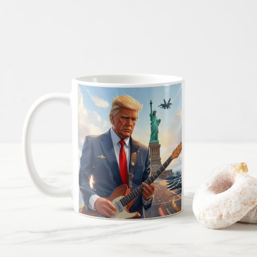 Trump speelt gitaar bij Vrijheidsbeeld Koffiemok (Met donut)