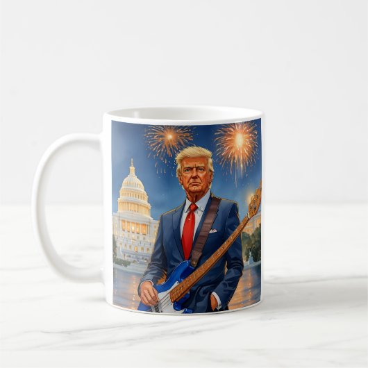 Trump speelt op elektrische basgitaar in het Ameri Koffiemok (Links)