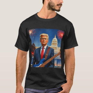 Trump speelt op elektrische basgitaar in het Ameri T-shirt