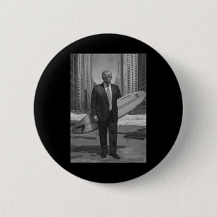 Trump surft op stadsgezicht Grappige Donald met su Ronde Button 5,7 Cm