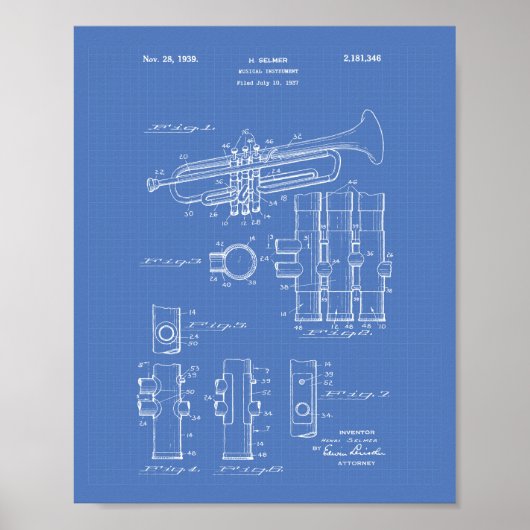 Trumpet 1939 Patent Art Blueprint Poster (Voorkant)