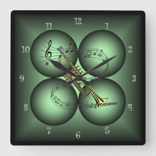Trumpet ~ 4 Wereldbol ~ Musical Clock ~ Musical Sc Vierkante Klok