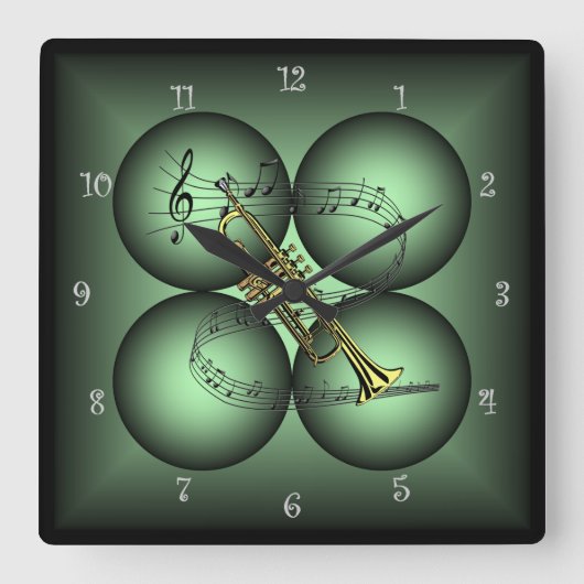 Trumpet ~ 4 Wereldbol ~ Musical Clock ~ Musical Sc Vierkante Klok (Voorkant)