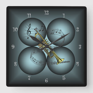 Trumpet ~ 4 Wereldbol ~ Musical Clock ~ Musical Sc Vierkante Klok