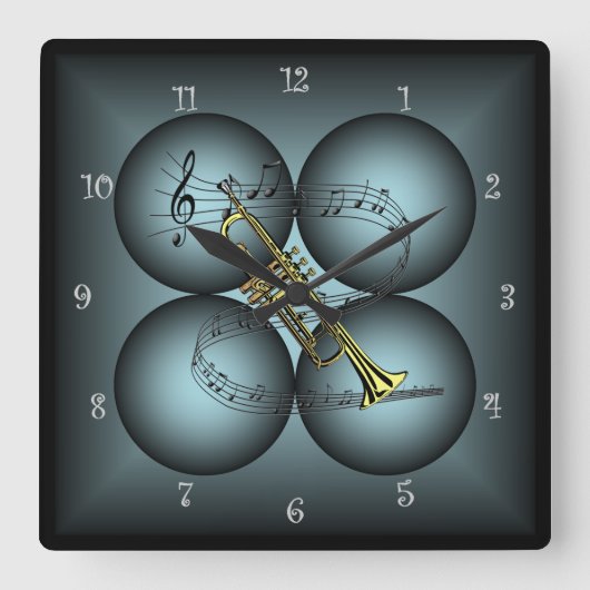 Trumpet ~ 4 Wereldbol ~ Musical Clock ~ Musical Sc Vierkante Klok (Voorkant)