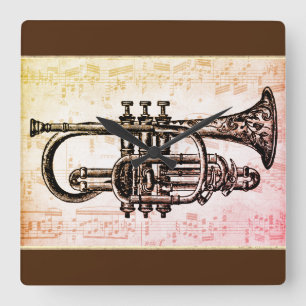 Trumpet en Muzieknoten Vierkante Klok