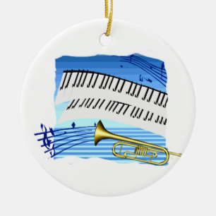Trumpet en toetsenbord, muziek met blauw thema keramisch ornament