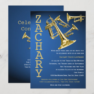Trumpet Mania Music Blue Gold Bar Mitzvah Kaart