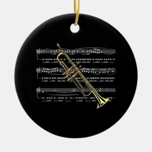 Trumpet met blademuziek en zwarte achtergrond keramisch ornament (Voorkant)