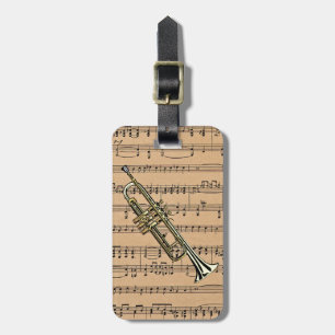 Trumpet met vel muziekachtergrond bagagelabel