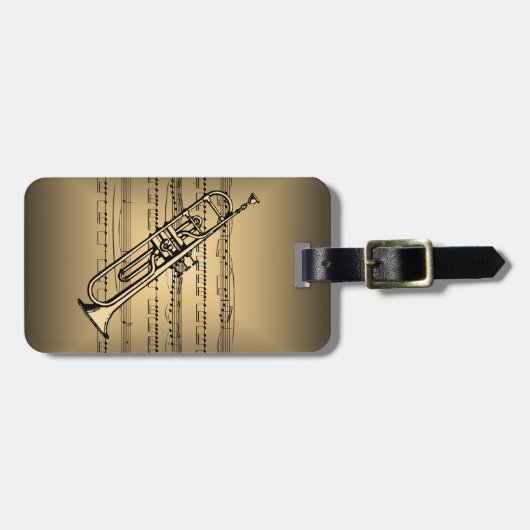 Trumpet met vel muziekachtergrond bagagelabel (Voorkant horizontaal)