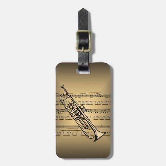 Trumpet met vel muziekachtergrond bagagelabel (Voorkant verticaal)