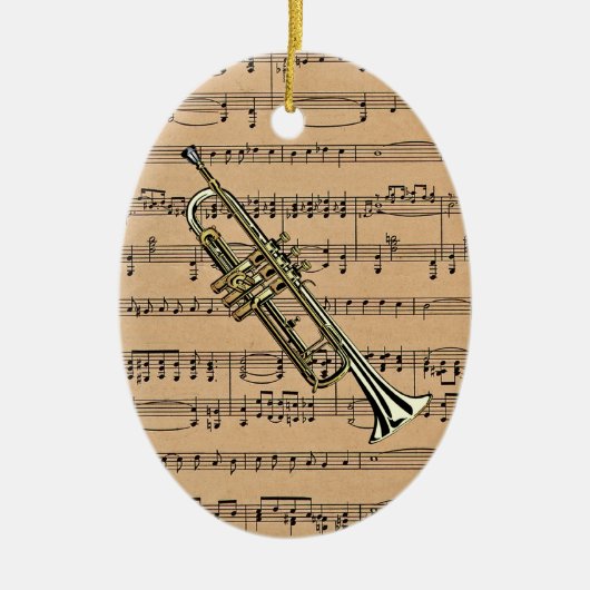 Trumpet met vel muziekachtergrond keramisch ornament (Voorkant)