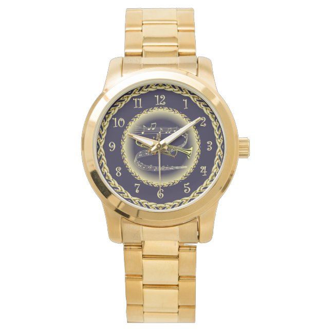 Trumpet ~ Musical Scroll ~ Gold/Navy Blue Horloge (Voorkant)