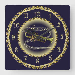 Trumpet ~ Musical Scroll ~ Gold/Navy Blue ~ Vierkante Klok