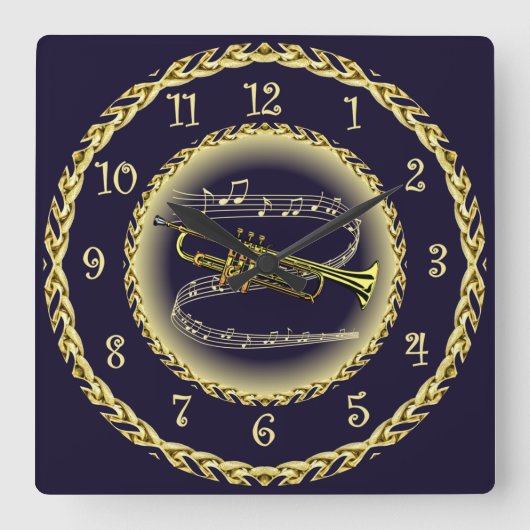 Trumpet ~ Musical Scroll ~ Gold/Navy Blue ~ Vierkante Klok (Voorkant)
