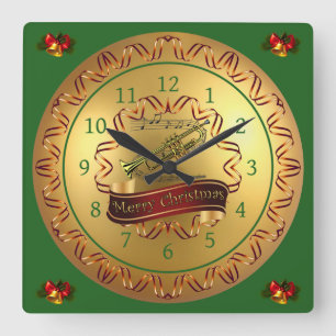 Trumpet ~ Musical Scroll ~ "Merry Christmas" Vierkante Klok