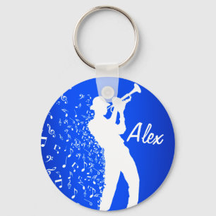 Trumpet Player Blauwe en witte Muzieknoten Sleutelhanger