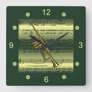 Trumpet~Rollend Blad Music~Gold/Green Background~ Vierkante Klok