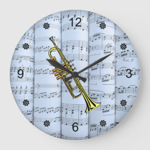 Trumpet~Rollend blad Muziek~Blue Tint Background ~ Grote Klok