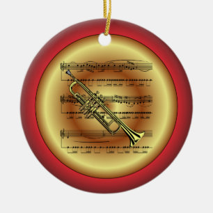 Trumpet ~ Sheet Music ~ Red/Green/Gold ~ Kerstmis Keramisch Ornament