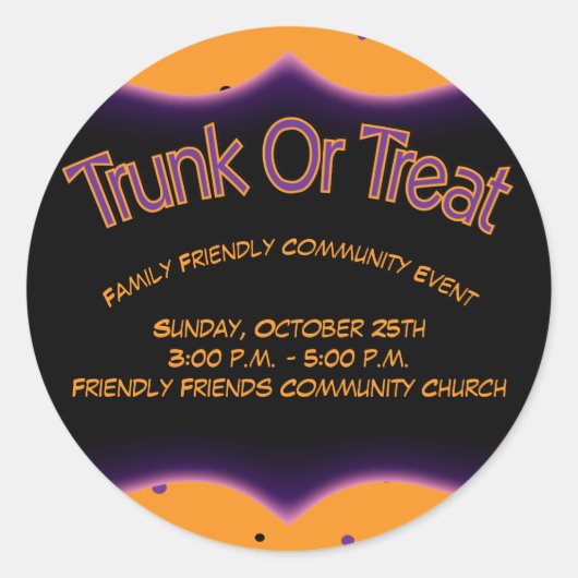 Trunk or Treat Community Church Gezinsvriendelijk Ronde Sticker (Voorkant)