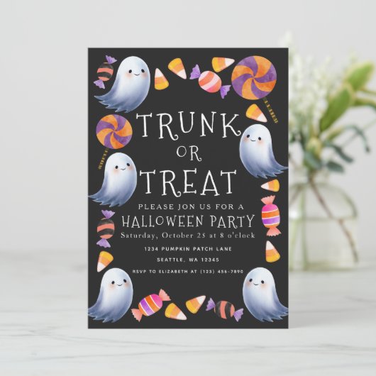 Trunk or Treat Schattige Ghosts Snoep Halloween Pa Kaart (Staand voorkant)
