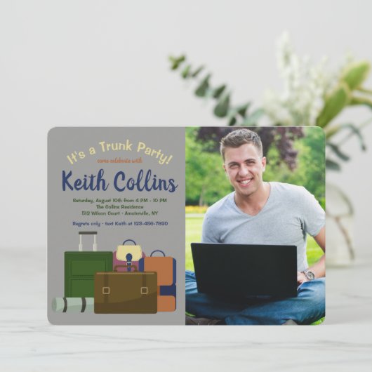 Trunk Party (mannelijk) foto uitnodiging (Staand voorkant)