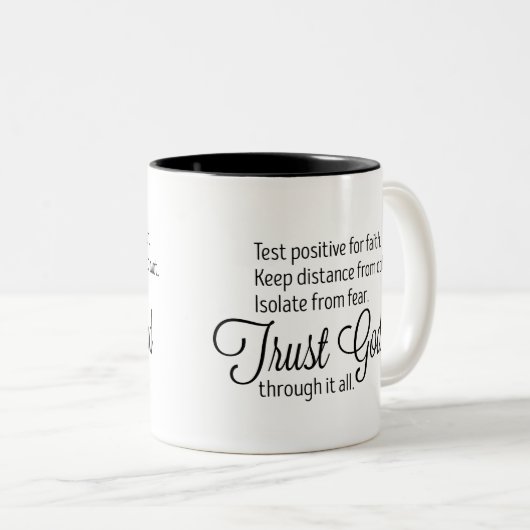 Trust God Script Typografie Tweekleurige Koffiemok (Voorkant rechts)