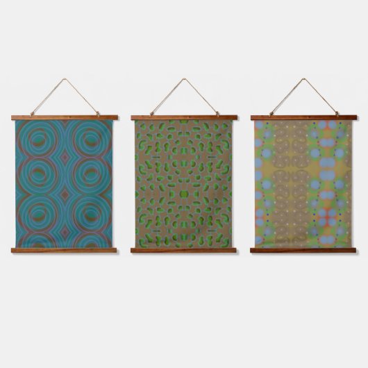 Tryptisch van blauwe en groene patronen op textiel hangend wandkleed (Driedubbel)