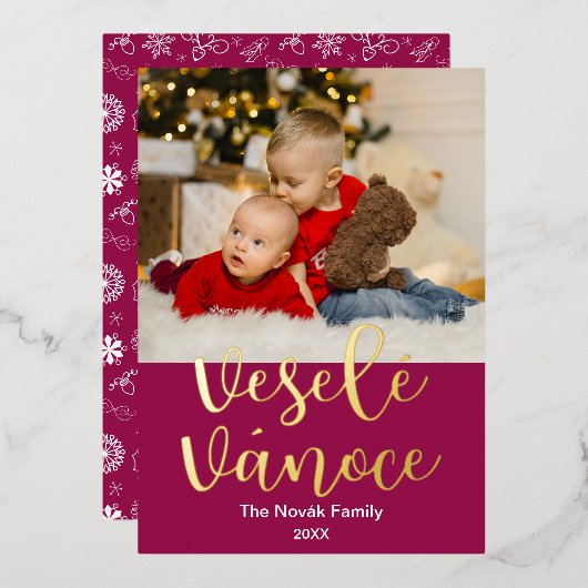 Tsjechisch Vrolijk Kerstfeest, Veselé Vánoce, Eleg Folie Feestdagenkaart (Voorkant / Achterkant)