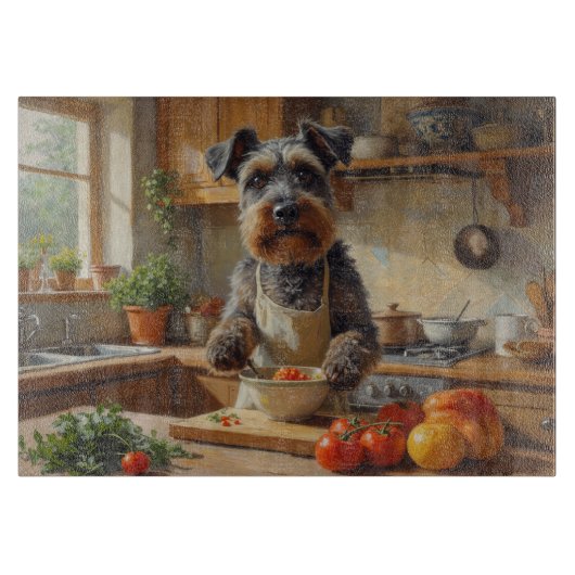 Tsjechische Terrier Kookt in Keuken Snijplank (Voorkant)