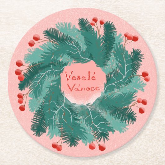 Tsjechische vrolijke kerstkrans ronde kartonnen onderzetter (Voorkant)