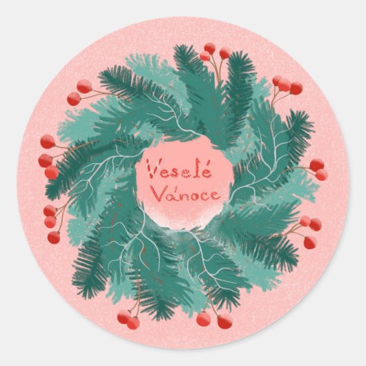 Tsjechische vrolijke kerstkrans ronde sticker (Voorkant)
