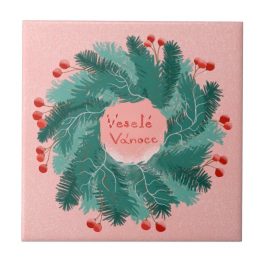 Tsjechische vrolijke kerstkrans tegeltje (Voorkant)