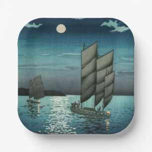 Tsuchiya Koitsu - Boten bij Shinagawa, Nacht Papieren Bordje