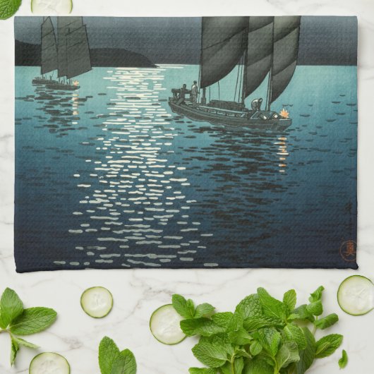 Tsuchiya Koitsu - Boten bij Shinagawa, Nacht Theedoek (Gevouwen)