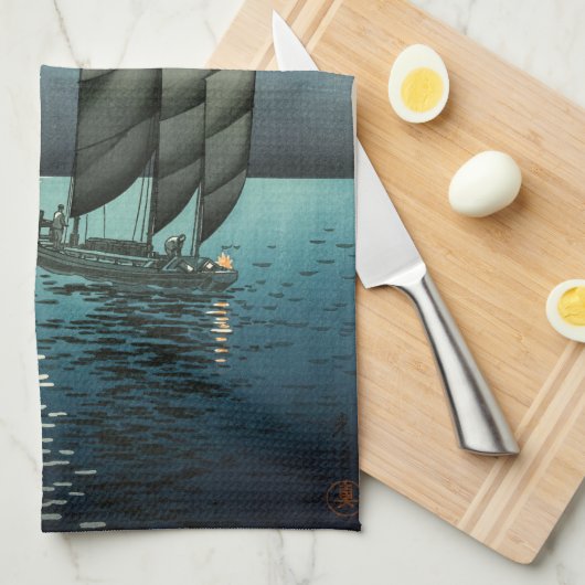 Tsuchiya Koitsu - Boten bij Shinagawa, Nacht Theedoek (Quarter Fold)